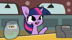 Size: 1280x720 | Tagged: safe, artist:tjpones, character:fluttershy, character:twilight sparkle, character:twilight sparkle (alicorn), species:alicorn, species:pegasus, species:pony, species:unicorn, aivo, animated, avo, awkward, bubble bass, burger, cash register, female, fifteen.ai, food, hay burger, mare, pickles, pickles (spongebob squarepants), pony preservation project, sound, spongebob squarepants, synthetic voice, text to speech, that pony sure does love burgers, the pony machine learning project, tip jar, twilight burgkle, webm