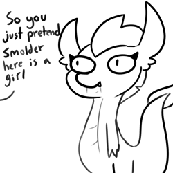 Size: 2250x2250 | Tagged: safe, artist:tjpones, part of a set, character:smolder, species:dragon, dialogue, female, implied gallus, monochrome, offscreen character, simple background, white background