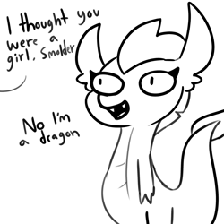 Size: 2250x2250 | Tagged: safe, artist:tjpones, part of a set, character:smolder, species:dragon, dialogue, female, implied gallus, monochrome, offscreen character, simple background, weird lizzer hole, white background