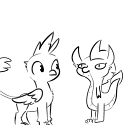 Size: 731x736 | Tagged: safe, artist:tjpones, character:gallus, character:smolder, species:dragon, species:griffon, duo, female, male, monochrome, simple background, white background