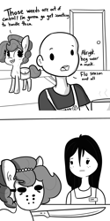 Size: 2250x4500 | Tagged: safe, artist:tjpones, oc, oc only, oc:brownie bun, oc:richard, species:earth pony, species:human, species:pony, horse wife, bag, bald, comic, dialogue, female, friday the 13th, hockey mask, jewelry, machete, male, mask, monochrome, necklace, pearl necklace, saddle bag, simple background, white background