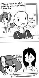 Size: 2250x4500 | Tagged: safe, artist:tjpones, edit, oc, oc only, oc:brownie bun, oc:richard, species:earth pony, species:human, species:pony, horse wife, bag, bald, comic, dialogue, female, friday the 13th, hockey mask, jewelry, machete, male, mask, monochrome, necklace, pearl necklace, saddle bag, simple background, white background