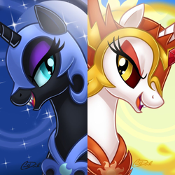 Size: 1136x1136 | Tagged: safe, artist:christadoodles, edit, character:daybreaker, character:nightmare moon, character:princess celestia, character:princess luna, species:alicorn, species:pony, alter ego, armor, beautiful, black coat, blue eyes, bust, dark side, day, duo, duo female, ethereal mane, evil grin, eyelashes, eyeshadow, fangs, female, galaxy mane, gem, grin, helmet, lidded eyes, looking at each other, makeup, mane of fire, mare, moon, movie accurate, night, open mouth, opposite, orange eyeshadow, portrait, purple eyeshadow, ruby, siblings, side by side, signature, sisters, smiling, sun, teeth, two sides, white coat, yellow eyes