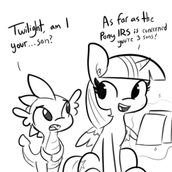 Size: 2250x2250 | Tagged: safe, artist:tjpones, character:spike, character:twilight sparkle, character:twilight sparkle (alicorn), species:alicorn, species:dragon, species:pony, ..., dialogue, ear fluff, fangs, female, grayscale, horse taxes, magic, male, mare, monochrome, open mouth, simple background, tax evasion, tax fraud, telekinesis, this will end in jail time, white background