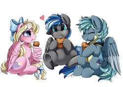 Size: 3550x2509 | Tagged: safe, artist:pridark, oc, oc only, oc:bay breeze, oc:cloud zapper, oc:storm surge, species:pegasus, species:pony, chewing, eating, female, floating heart, food, heart, male, muffin, trio