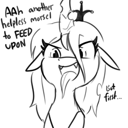 Size: 2250x2250 | Tagged: safe, artist:tjpones, part of a set, character:queen chrysalis, species:changeling, ..., changeling queen, dialogue, fangs, female, floppy ears, grayscale, monochrome, simple background, white background