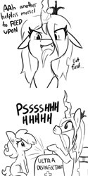 Size: 2250x4500 | Tagged: safe, artist:tjpones, edit, character:queen chrysalis, oc, species:changeling, species:earth pony, species:pony, ..., changeling feeding, changeling queen, coronavirus, covid-19, dialogue, disinfectant spray, face mask, fangs, female, floppy ears, grayscale, monochrome, onomatopoeia, simple background, surgical mask, white background