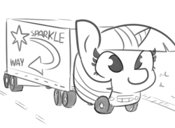 Size: 757x553 | Tagged: safe, artist:tjpones, character:twilight sparkle, female, grayscale, has magic gone too far?, has science gone too far?, horn, megabyte, monochrome, object pony, simple background, solo, species swap, truck, truck pony, trucklight sparkle, wat, what has magic done, what has science done, white background