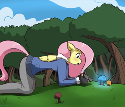 Size: 1000x850 | Tagged: safe, artist:genericmlp, character:fluttershy, species:anthro, species:pegasus, species:pony, camera, dock, female, mushroom, solo