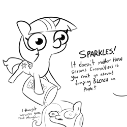 Size: 2250x2250 | Tagged: safe, artist:tjpones, part of a set, character:fluttershy, character:twilight sparkle, character:twilight sparkle (alicorn), species:alicorn, species:pegasus, species:pony, bleach, bleach (manga), coronavirus, covid-19, dialogue, female, grayscale, mare, monochrome, offscreen character, otakushy, pun, simple background, sparkles! the wonder horse!, twibitch sparkle, white background