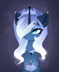 Size: 1752x2130 | Tagged: safe, artist:magnaluna, character:princess luna, species:alicorn, species:pony, alternate design, chest fluff, crown, cute, ear fluff, female, hair over one eye, hoof shoes, hooves to the chest, jewelry, leg fluff, lunabetes, mare, regalia, slit eyes, slit pupils, solo, unshorn fetlocks