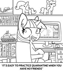 Size: 2250x2550 | Tagged: safe, artist:tjpones, character:twilight sparkle, character:twilight sparkle (unicorn), species:human, species:pony, species:unicorn, alone, black and white, computer, computer mouse, coronavirus, covid-19, drive me closer, female, gallabuse, grayscale, horse puns, isolation, lineart, mare, meme, mmo, monochrome, plushie, quarantine, resident evil, solo, spider, talking to viewer, tank (vehicle), warhammer (game), warhammer 40k