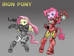 Size: 800x604 | Tagged: safe, artist:shepherd0821, character:fluttershy, character:pinkie pie, species:anthro, ambiguous facial structure, duo, duo female, female, gradient background, iron man, parody, war machine, weapon
