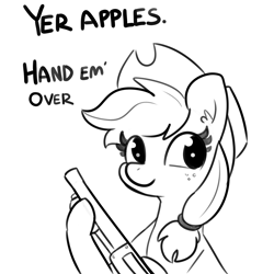 Size: 2250x2250 | Tagged: safe, artist:tjpones, part of a set, character:applejack, species:earth pony, species:pony, apple, applejack's hat, clothing, cowboy hat, dialogue, female, freckles, gun, hat, mare, monochrome, shotgun, simple background, that pony sure does love apples, weapon, white background