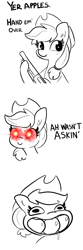 Size: 2250x6750 | Tagged: safe, artist:tjpones, edit, character:applejack, species:earth pony, species:pony, apple, applejack's hat, clothing, comic, cowboy hat, dialogue, female, food, freckles, glowing eyes, good end, gun, hat, mare, simple background, solo, that pony sure does love apples, threatening, weapon, white background