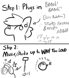 Size: 2250x2550 | Tagged: safe, artist:tjpones, part of a set, oc, oc only, oc:tjpones, species:earth pony, species:pony, black and white, dialogue, grayscale, guide, headphones, male, monochrome, music notes, onomatopoeia, simple background, solo, stallion, vulgar, white background