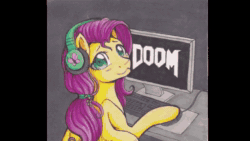 Size: 640x360 | Tagged: safe, artist:nothingspecialx9, edit, character:fluttershy, species:pegasus, species:pony, :3, aivo, animated, avo, colored pupils, computer, cute, doom, doom 2016, fifteen.ai, gamer, headphones, looking at you, shyabetes, smiling, solo, sound, sound only, text to speech, the slayer's testament, vibrating, webm, zoom