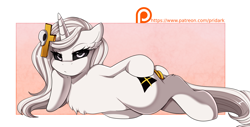 Size: 3117x1587 | Tagged: safe, artist:pridark, patreon reward, oc, oc only, oc:whitefire, species:pony, species:unicorn, black sclera, chest fluff, cutie mark, digital art, draw me like one of your french girls, female, hairpin, long mane, looking at you, mare, patreon, patreon logo, solo, tail ring, unamused, url