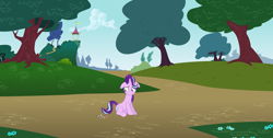Size: 5477x2759 | Tagged: safe, artist:deratrox, artist:estories, artist:givralix, artist:jaredking203, artist:lilcinnamon, artist:mlp-vector-collabs, artist:speedox12, character:applejack, character:fluttershy, character:pinkie pie, character:rainbow dash, character:rarity, character:starlight glimmer, character:twilight sparkle, character:twilight sparkle (alicorn), species:alicorn, species:earth pony, species:pegasus, species:pony, species:unicorn, cloud, female, floppy ears, flower, mane six, micro, nervous, shrunk, size difference, sky, tiny, tiny ponies, tree