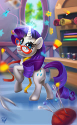 Size: 650x1047 | Tagged: safe, artist:mew, artist:pan, character:rarity, species:pony, candy, candy corn, carousel boutique, fabric, food, glasses, measuring tape, rarity's glasses, scissors, sewing needle