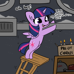 Size: 2250x2250 | Tagged: safe, artist:tjpones, character:twilight sparkle, character:twilight sparkle (alicorn), species:alicorn, species:pony, candle, dialogue, explosives, female, joke, literally nsfw, mare, osha violation, petrol, pilotredsun, solo, stool, this will end in death, this will end in explosions, this will end in fire, this will end in tears, this will end in tears and/or death, too dumb to live