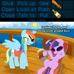 Size: 800x800 | Tagged: safe, artist:frostedwarlock, character:rainbow dash, character:twilight sparkle, species:pegasus, species:pony, species:unicorn, crossover, deck chair, duo, duo female, eyepatch, female, mare, monkey island, on back, pirate, pirate dash, ship, sunglasses