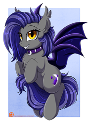 Size: 2143x2975 | Tagged: safe, artist:pridark, patreon reward, oc, oc only, oc:night fire, species:bat pony, species:pony, bat pony oc, bat wings, chest fluff, choker, cutie mark, ear tufts, fangs, female, high res, mare, patreon, patreon logo, slit eyes, slit pupils, smiling, solo, wings