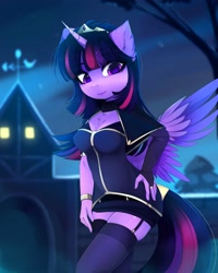 Size: 3284x4096 | Tagged: safe, artist:magnaluna, character:twilight sparkle, character:twilight sparkle (alicorn), species:alicorn, species:anthro, species:pony, bracelet, breasts, chest fluff, cleavage, cloak, clothing, crown, cute, ear fluff, evening gloves, female, fingerless elbow gloves, fingerless gloves, garter belt, garters, gloves, hand on hip, jewelry, long gloves, mare, night, regalia, ring, sky, socks, solo, stockings, thigh highs, twiabetes, wristband