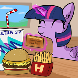 Size: 2250x2250 | Tagged: safe, artist:tjpones, character:twilight sparkle, character:twilight sparkle (alicorn), species:alicorn, species:pony, burger, cute, drink, eyes closed, female, food, french fries, glowing horn, hay burger, high res, horn, levitation, magic, mare, pun, smiling, solo, solo jazz, telekinesis, this will end in weight gain, twiabetes, twilight burgkle