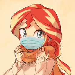 Size: 600x602 | Tagged: safe, artist:baekgup, edit, character:sunset shimmer, my little pony:equestria girls, clothing, coronavirus, covid-19, cute, dawwww, face mask, female, hnnng, looking at you, ppe, scarf, shimmerbetes, solo, surgical mask, sweater, weapons-grade cute