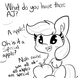 Size: 2250x2250 | Tagged: safe, artist:tjpones, character:applejack, species:earth pony, species:pony, comic:fillies, abple, apple, appul, chest fluff, cute, dialogue, female, filly, filly applejack, food, jackabetes, lineart, lisp, monochrome, offscreen character, open mouth, simple background, solo, that pony sure does love apples, tjpones is trying to murder us, tooth gap, weapons-grade cute, white background, younger