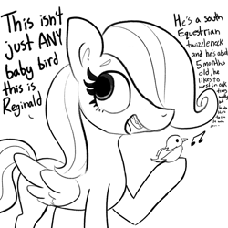 Size: 2250x2250 | Tagged: safe, artist:tjpones, character:fluttershy, species:bird, species:pegasus, species:pony, comic:fillies, adorkable, braces, cute, dialogue, dork, female, filly, filly fluttershy, high res, monochrome, music notes, nerd, open mouth, shyabetes, simple background, that pony sure does love animals, white background, younger