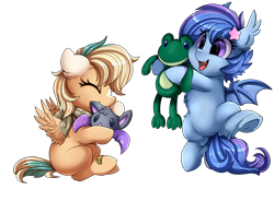 Size: 3430x2524 | Tagged: safe, artist:pridark, oc, oc only, oc:astral flare, oc:sun light, species:bat pony, species:pegasus, species:pony, bat pony oc, bat wings, cute, female, filly, foal, laughing, ocbetes, pegasus oc, playing, simple background, tongue out, toy, transparent background, wings
