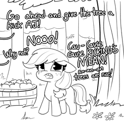 Size: 2250x2250 | Tagged: safe, artist:tjpones, character:applejack, species:earth pony, species:pony, comic:fillies, adorable distress, apple, applebucking, blank flank, crying, cute, dialogue, feels, female, filly, filly applejack, floppy ears, food, freckles, grayscale, hatless, high res, hnnng, innocent, jackabetes, missing accessory, monochrome, offscreen character, onomatopoeia, open mouth, sad, sadorable, silly, silly pony, simple background, tjpones is trying to murder us, tree, white background, who's a silly pony, younger