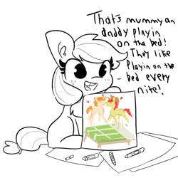 Size: 2250x2250 | Tagged: safe, artist:thehuskylord, artist:tjpones, edit, character:applejack, character:bright mac, character:pear butter, species:earth pony, species:pony, comic:fillies, bed, blank flank, crayon, crayon drawing, cute, dialogue, drawing, female, filly, freckles, heart, implied good clean married sex, implied sex, innocent, innocent innuendo, innuendo, jackabetes, mare, picture, sexually oblivious, simple background, solo, tooth gap, traditional art, weapons-grade cute, white background, younger