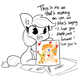 Size: 2250x2250 | Tagged: safe, artist:tjpones, character:applejack, character:pear butter, species:earth pony, species:pony, comic:fillies, abple, bittersweet, blank flank, crayon, crayon drawing, cute, dialogue, drawing, feels, female, filly, freckles, heart, hnnng, jackabetes, mare, picture, simple background, solo, tjpones is trying to murder us, tooth gap, weapons-grade cute, white background, wholesome, younger