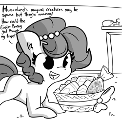 Size: 2250x2250 | Tagged: safe, artist:tjpones, part of a set, oc, oc only, oc:brownie bun, species:earth pony, species:pony, horse wife, basket, dialogue, easter basket, easter egg, female, grayscale, implied richard, jewelry, mare, monochrome, necklace, pearl necklace, portal (valve), portal gun, simple background, solo, white background