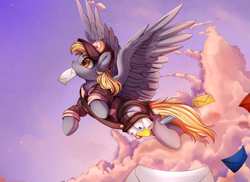 Size: 3509x2550 | Tagged: safe, artist:pridark, character:derpy hooves, species:pegasus, species:pony, bag, clothing, digital art, epic derpy, female, flying, hat, letter, mail, mailbag, mailmare, mailpony, mare, mouth hold, remake, sky, solo, uniform, working