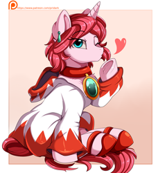 Size: 3069x3365 | Tagged: safe, artist:pridark, patreon reward, oc, oc only, oc:diamond stellar, species:pony, species:unicorn, blowing a kiss, chest fluff, choker, clothing, collar, ear piercing, earring, female, final fantasy, heart, high heels, high res, hoodie, jewelry, looking at you, mare, necklace, one eye closed, patreon, patreon logo, pendant, piercing, shoes, sitting, solo, underhoof, white mage, wink