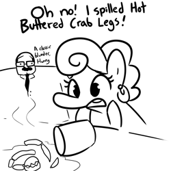 Size: 2250x2250 | Tagged: safe, artist:tjpones, oc, oc only, oc:grenaldo, oc:peanut wife, species:crab, species:earth pony, species:human, species:pony, butter, dialogue, ear piercing, earring, female, food, glasses, jewelry, male, mare, monochrome, oc x oc, pierced ears, piercing, shipping, simple background, straight, white background