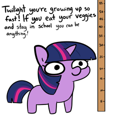 Size: 2250x2250 | Tagged: safe, artist:tjpones, part of a set, character:twilight sparkle, species:pony, species:unicorn, dialogue, female, filly, filly twilight sparkle, flashback, foal, implied princess celestia, mare, measuring, offscreen character, solo, twiggie, younger
