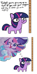 Size: 512x1024 | Tagged: safe, artist:tjpones, edit, editor:secrettitan, character:twilight sparkle, character:twilight sparkle (alicorn), species:alicorn, species:pony, species:unicorn, g4.5, my little pony:pony life, dialogue, female, implied princess celestia, mare, measuring, offscreen character, one eye closed, pure unfiltered evil, solo, twiggie