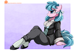Size: 3524x2500 | Tagged: safe, artist:pridark, oc, oc only, oc:artabana, species:anthro, species:earth pony, species:pony, species:unguligrade anthro, anthro oc, clothing, commission, female, high res, mare, pants, patreon, sitting, smiling, solo, suit
