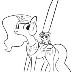 Size: 1080x1080 | Tagged: safe, artist:tjpones, edit, character:princess celestia, character:twilight sparkle, character:twilight sparkle (alicorn), species:alicorn, species:pony, black and white, clothing, cowboy hat, doug dimmadome, duo, giddy up, grayscale, hat, impossibly large hat, lineart, meme, monochrome, ponies riding ponies, reins, riding, simple background, smol, ten gallon hat, twiggie, white background