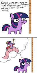 Size: 1022x1994 | Tagged: safe, artist:jargon scott, artist:tjpones, edit, character:twilight sparkle, oc, oc:puddle worms™, jewelry, measuring, ponies riding worms, regalia, riding, scepter, text, thought bubble, twiggie, twilight scepter