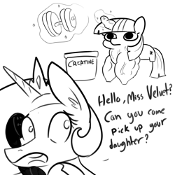 Size: 2250x2250 | Tagged: safe, artist:tjpones, character:princess celestia, character:twilight sparkle, character:twilight sparkle (unicorn), species:alicorn, species:pony, species:unicorn, always skip leg day, creatine, cursed image, dialogue, duo, grayscale, implied twilight velvet, magic, monochrome, muscles, muscular horn, phone, simple background, stronk, swol, telekinesis, twiggie, vein bulge, weight lifting, white background