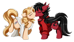 Size: 3117x1787 | Tagged: safe, artist:pridark, oc, oc:taralicious, species:bat pony, species:pony, species:unicorn, bat wings, blushing, clothing, commission, digital art, eyes closed, female, hoodie, horn, kissing, male, mare, pete wentz, ponified, ponified celebrity, shipping, simple background, stallion, straight, tara strong, toga, transparent background, unicorn oc, wings