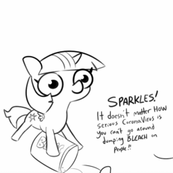 Size: 562x562 | Tagged: safe, artist:tjpones, edit, character:fluttershy, character:twilight sparkle, character:twilight sparkle (alicorn), species:alicorn, species:pegasus, species:pony, ..., aivo, animated, avo, bleach, bleach (manga), comic, comic dub, coronavirus, covid-19, dialogue, female, fifteen.ai, grayscale, mare, monochrome, offscreen character, otakushy, pun, simple background, small wings, sound, sound only, sparkles! the wonder horse!, twibitch sparkle, webm, white background, wings