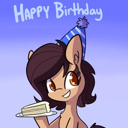 Size: 2250x2250 | Tagged: safe, artist:tjpones, oc, oc only, oc:lockheart, species:earth pony, species:pony, birthday cake, cake, chest fluff, clothing, female, food, gradient background, hat, mare, party hat, solo