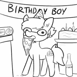 Size: 320x320 | Tagged: safe, artist:tjpones, oc, oc only, oc:tjpones, species:earth pony, species:pony, animated, birthday cake, cake, clothing, dancing, food, glasses, good boy, hat, jerma985, male, monochrome, music, party hat, pizza, simple background, solo, sound, stallion, webm, white background
